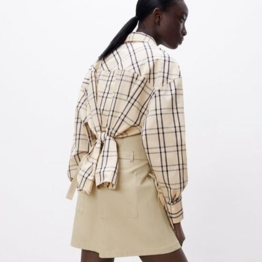 Zara Plaid Size Medium Tie Back Shirt Top Blouse Button Front Tan Gray womens